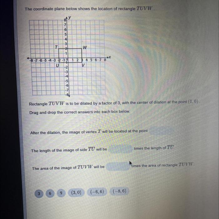 Rectangle tuvw is on a coordinate plane at t